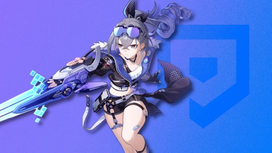 Honkai Star Rail tier list - Silver Wolf pasted on a blue-purple SmartRead background mimicking the quantum element colour. She is diving forward with her sword