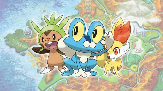 Starter Pokemon gen 6 Chespin, Froakie, and Fennekin in front of a map of Kalos