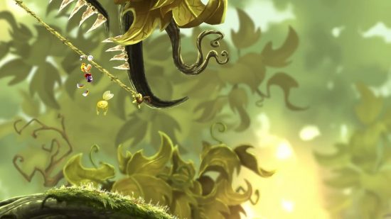 Best iPad games: Rayman Mini. Image shows Rayman swinging along on a vine amidst the undergrowth.