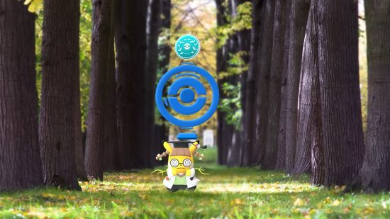 Pokémon Go events - a Pikachu in a lab coat standing next to a Pokéstop