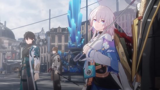 Best anime games: Honkai Star Rail. Image shows characters standing around in a grey looking city.