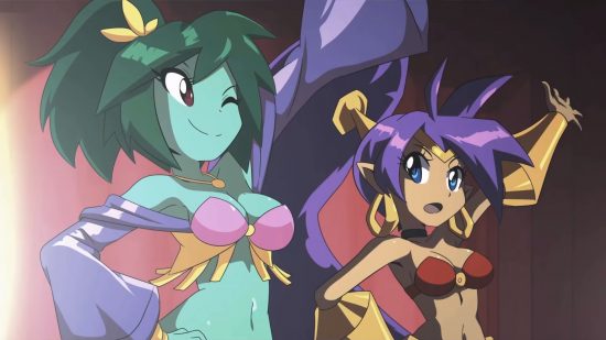 Best anime games: Shantae and the Seven Sirens. Image shows Shantae and a Siren dancing.