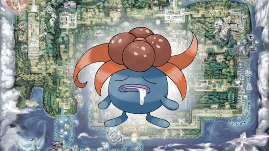 Vileplume evolution - Gloom in front of a map of Kanto