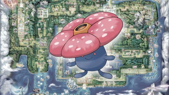 Gloom evolution - Vileplume in front of a Kanto map