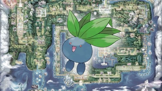 Gloom evolution - Oddish in front of a map of Kanto