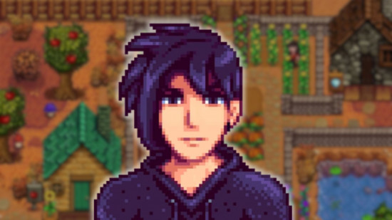 stardew valley character sebastian against an autumnal farm background