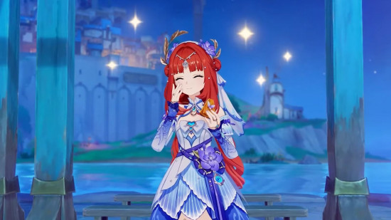 Genshin Impact skins - Nilou wearing a blue outfit while eating cake