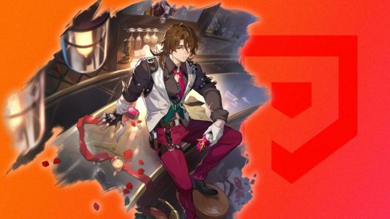 Honkai Star Rail characters - Gallagher's splash art on a red background with the SmartRead logo on it