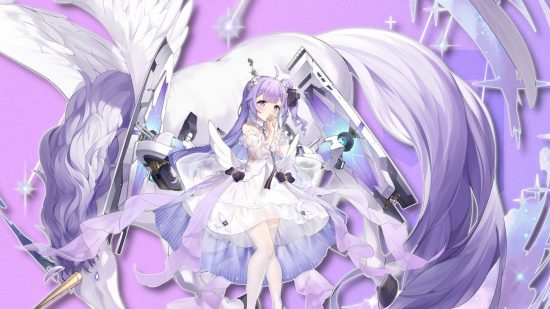 Azur Lane tier list: Unicorn's retrofit splash art pasted on a light purple PT background to match the aircraft carrier color