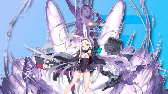 Azur Lane tier list: Shimakaze's splash art pasted on a destroyer blue PT background