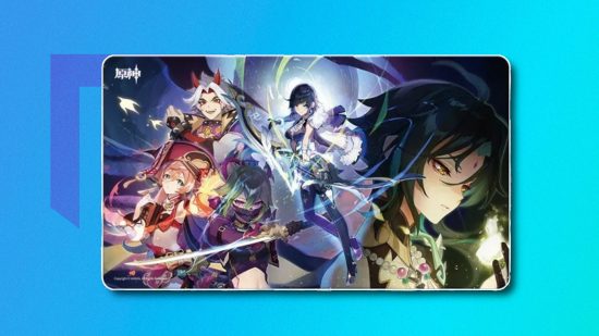 Genshin Impact merch: A Genshin mousemat featuring Yelan, Itto, Xiao, Yanfei, and Kuki Shinobu from the Chasm storyline