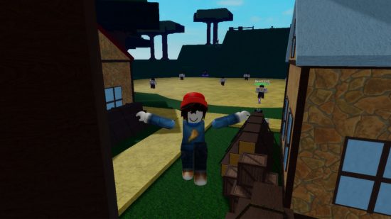 Second Piece codes - An avatar in a red beanie and pizza jumper jumping between a tree and a building in front of a training grounds