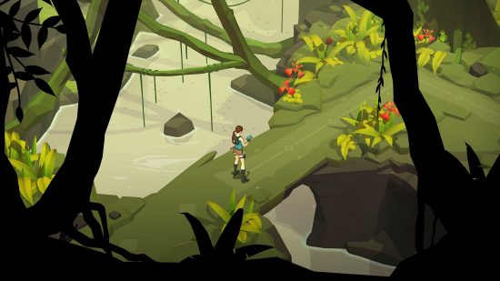 Lara Croft stood in a jungle with a river in the Tomb Raider game Lara Croft Go