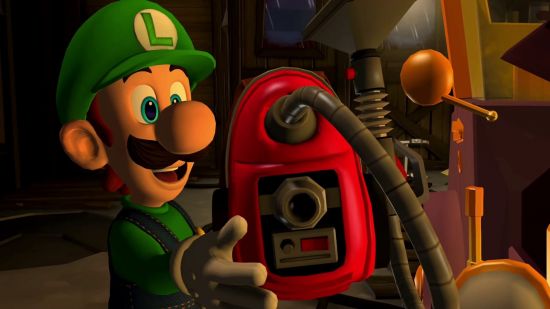 New Switch games - Luigi in a dark room smiling at a red vacuum cleaner