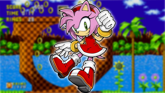 Sonic characters - Amy Rose in front of a screenshot of Green Hill Zone