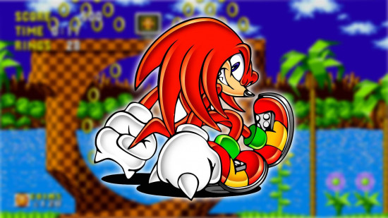 Sonic characters - Knuckles in front of a screenshot of Green Hill Zone