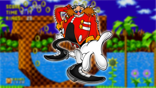 Sonic characters - Doctor Robotnik in front of a screenshot of Green Hill Zone