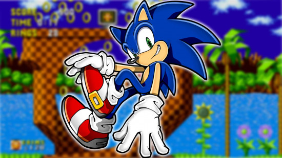 Sonic characters - Sonic the Hedgehog in front of a screenshot of Green Hill Zone