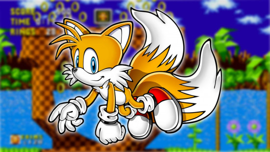 Sonic characters - Tails in front of a screenshot of Green Hill Zone