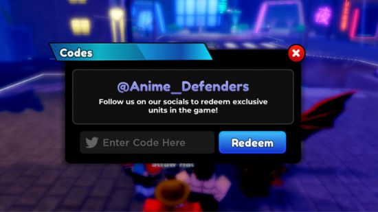 Anime Defenders codes redepntion screen in front of a group of people in a street