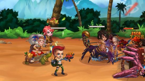 Best browser games: Hero Wars. Image shows characters doing battle in a tropical location.