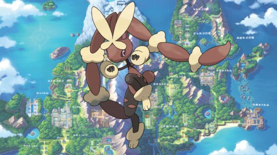 Buneary evolution - Mega Lopunny poised to strike in front of a map of Sinnoh