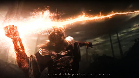 Dark Souls Gwyn throwing a lightning bolt at the Ancient Dragons