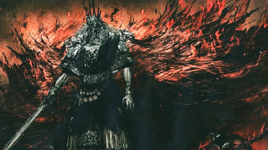 Concept art for Dark Souls Gwyn showing him as a husk in front of black flames