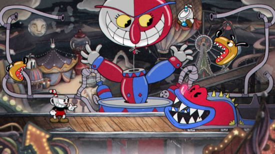 Hard games: Cuphead screenshot showing in the middle of a fight with the evil clown in the theme park