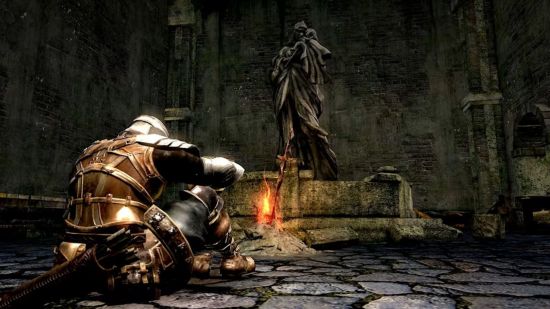 Hard games: a chosen undead sat at a bonfire in Dark Souls