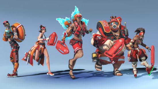 Overwatch 2 tier list: Season 11's cast of lifeguard skins for the battlepass, featuring Junkrat, Kiriko, Lifeweaver, Roadhog, and Lucio