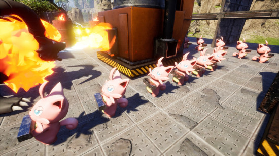 Palworld Switch - a screenshot showing a bunch of pink cat-like pals walking near a furnace carrying iron ingots