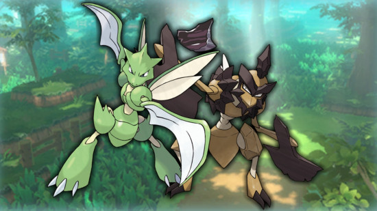 Scyther's evolution - Scyther and Kleavor in front of Viridian forest