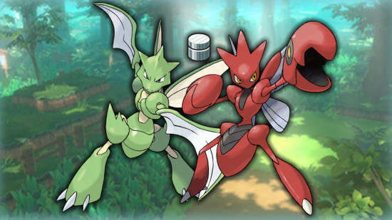 Scyther evolution - Scyther and Scizer with a metal coat in front of Viridian Forest