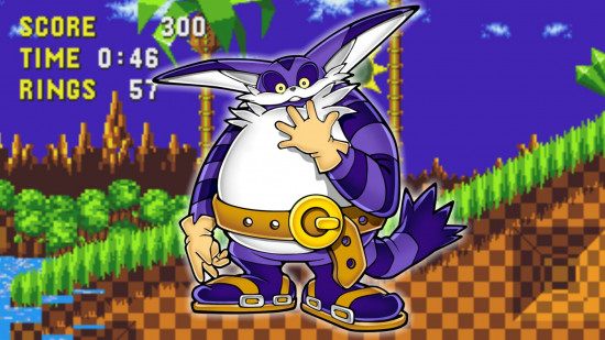 Sonic characters - Big the Cat in front of a screenshot of Sonic running through Green Hill Zone