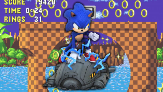 Sonic figure from the movie in front of Green Hill Zone