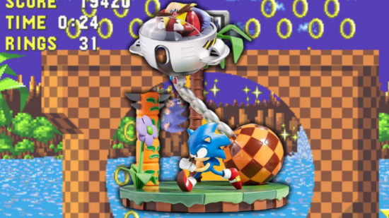 An okd school Sonic figure showing Sonic running from Eggman and a wrecking ball