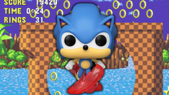 Sonic figure - a running sonic funko pop in front og Green Hill Zone