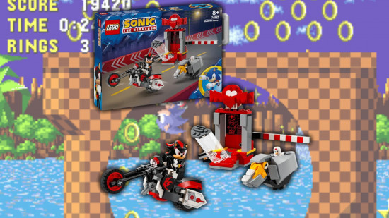 Sonic figures - The Shadow Lego set in front of Green Hill Zone