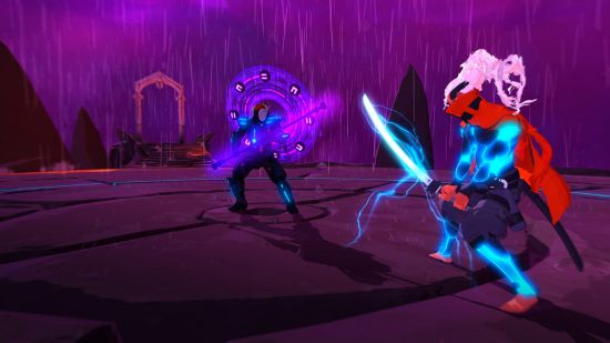 Soulslike games: a screenshot from Furi showing two samurai preparing to fight