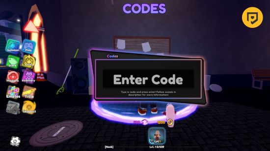 Anime Impact codes: A screenshot of the purple Codes redemption menu in Anime Impact, with the PT logo in the top right corner in a mango circle