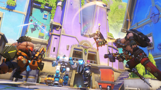 best free Switch games - a scene in Overwatch 2 showing characters fighting in a street