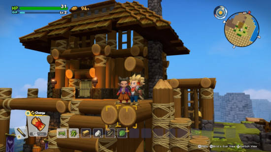 City builder games: A screenshot from Dragon Quest Builders 2 showing two chibi characters atop a wooden lodge