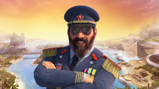 City Builder games: El Prezidente from Tropico 6 wearing aviators and smiling with his arms crossed in front of a sunset