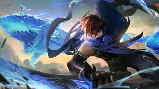 Honor of Kings tier list - splash art of Honor of Kings Lam holding duel blades as a water shark leaps behind him