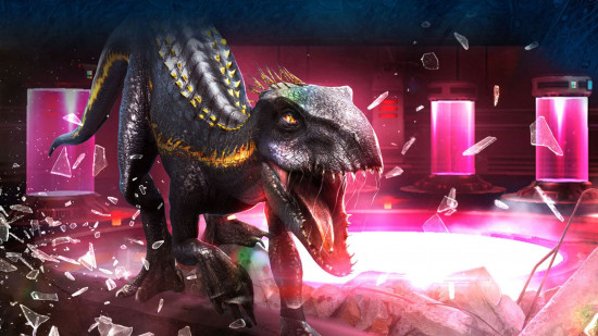 Jurassic World games - a t-rex in a science experiment surrounded by red lights as it smashes some glass.