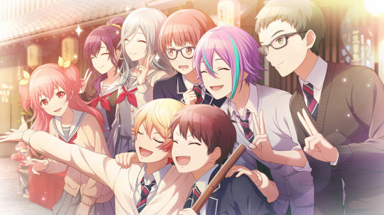 Project Sekai cards: Mafuyu, Shizuku, Airi, Tsukasa, and Rui posing with some classmates for a group photo at a shrine