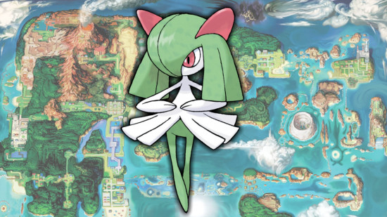 Ralts evolution - Kirlia in front of a map of Hoenn