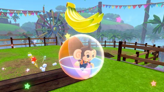 Screenshot for Super Monkey Ball Banana Rumble review showing a monkey picking up a bunch of bananas