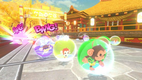 Screenshot for Super Monkey Ball Banana Rumble review showing the monkeys in battle mode